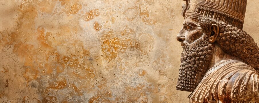 Detailed relief of Gilgamesh, the legendary Sumerian demigod, from ancient Mesopotamian culture. Free copy space for text.