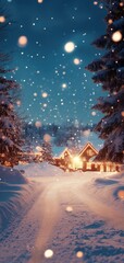 Obraz premium A snow-covered village at dusk with warm lights creating a nostalgic winter atmosphere