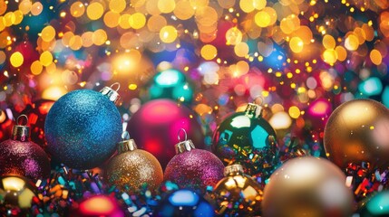 Colorful Christmas Ornaments on a Sparkling Background