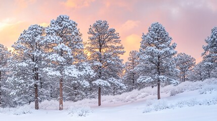 Obraz premium Snow Covered Pine Trees at Sunset