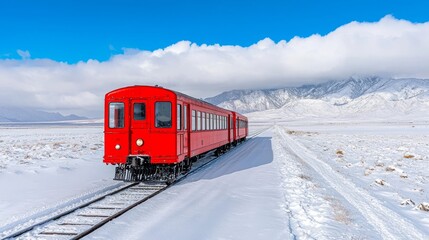 A red train car sits amid a vast mountainous landscape under a dramatic sky, reflecting a winter's sense of solitude and adventure.