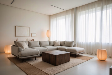 Minimalist, japandi style interior design of modern living room