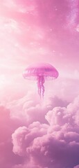 A giant jellyfish gracefully floats in a cosmic pink gradient space surrounded by soft clouds