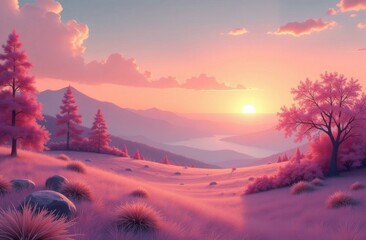 Beautiful calming landscape in peach and subdued light purple trendy colors, snowy mountains, fir trees, sunset sky