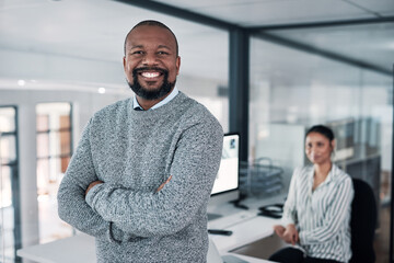 Happy, crossed arms and portrait of businessman in office with confidence for finance career. Smile, professional and African male financial manager from Nigeria with pride for company revenue rate.