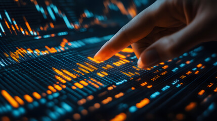 Finger interacting with digital data visualization on a screen