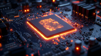 Illuminated Microchip on Circuit Board with Glowing Details