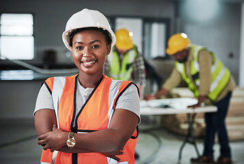 Woman, pride and portrait in construction site as engineer, supervisor or project manager on...