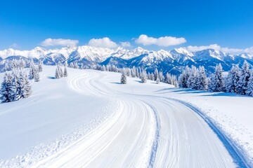 Obraz premium Winter landscape with wide trails in a Christmas forest. Winter landscape in the Carpathian mountains, Ukraine, Europe.