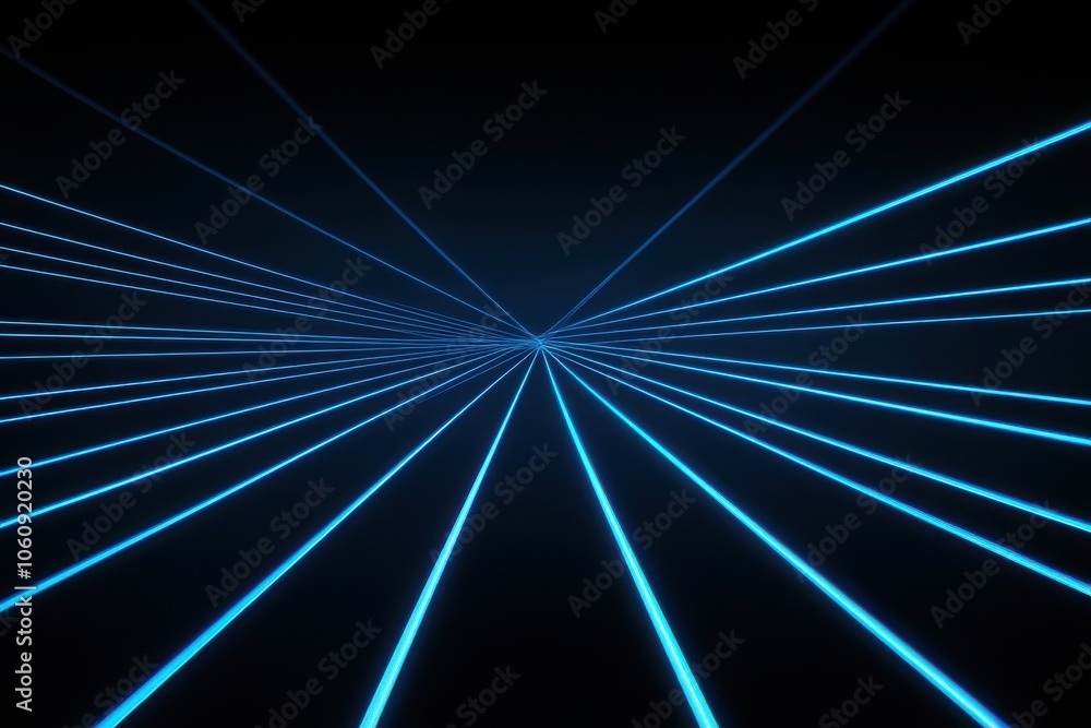 Poster a mesmerizing array of blue laser beams converging towards a central point, creating a futuristic vi