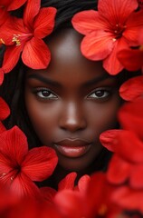 Portrait of an African woman with dark skin, surrounded by red flowers. Stunning portrait of woman surrounded by vibrant red flowers, ideal for beauty, fashion, and empowerment themes