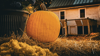 Vibrant pumpkin on a haystack