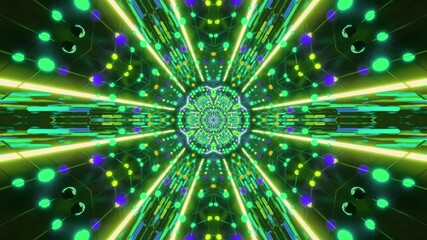 3d abstract VJ loop artwork of a futuristic, infinity, colorful neon tunnel with glowing particles