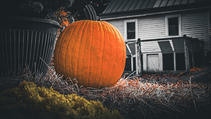 Cool pumpkin on a haystack