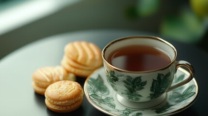 A cup of tea with a delicate floral pattern sits on a black table next to three cookies. The scene is warm and inviting.