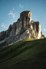 A scenic grassy hillside featuring a majestic mountain in the background