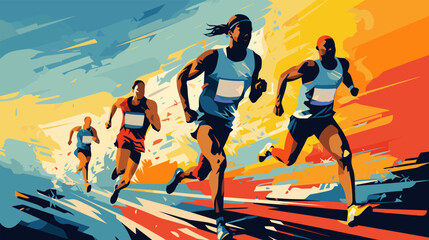 Dynamic runners sprinting during a vibrant outdoor race at sunset. A group of athletes races energetically, vector poster illustration.