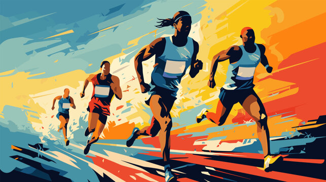 Dynamic runners sprinting during a vibrant outdoor race at sunset. A group of athletes races energetically, vector poster illustration.