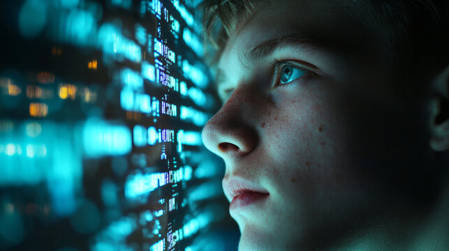 Focused teenager face illuminated by digital screen light futuristic technology explore immersive experience concept