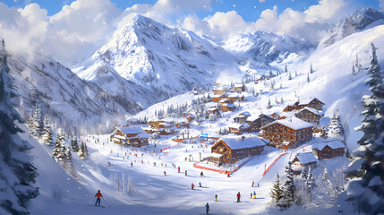 Snowy mountain landscape with ski resort village and skiers. winter holiday destination, scenic view. Snowy Village. Illustration