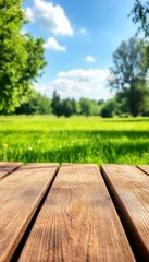 Fototapeta premium A wooden table top with a blurred background of a green meadow and blue sky.