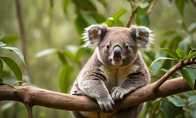 Obraz premium close up koala on tree against blooming green spring nature