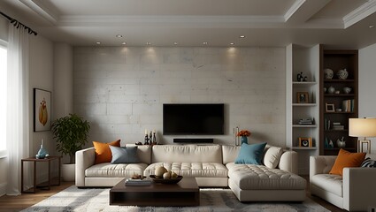 Fototapeta premium Modern Living Room with White Sectional Sofa and Recessed Lighting