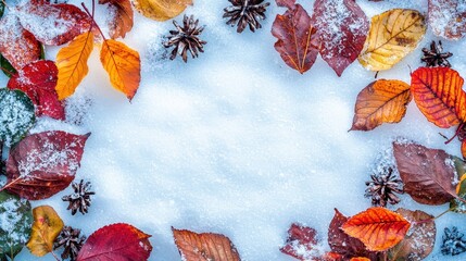 Colorful Leaves and Pine Cones on Snowy Background