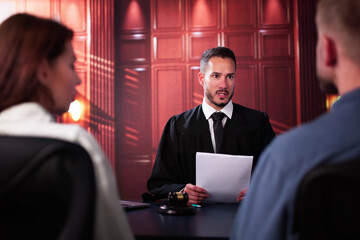 Family Divorce Court. Couple In Courtroom