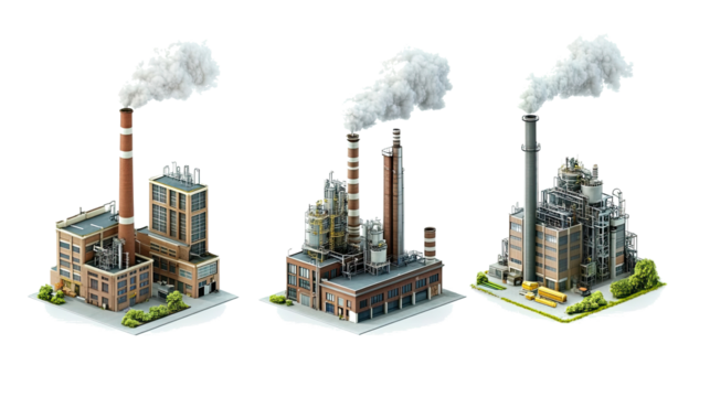 Factories With Chimneys Releasing Smoke on a Transparent Background Generative AI