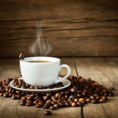 A steaming cup of coffee sits on a burlap sack with coffee beans scattered around. The background is a rustic brick or wooden wall.
