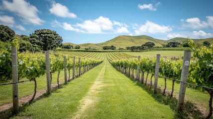 Naklejka premium A path leading through a vineyard with rows of grapevines under a blue sky with white clouds.