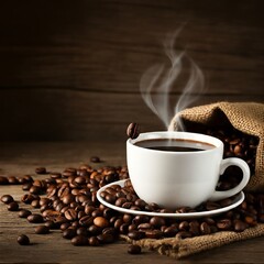Obraz premium A steaming cup of coffee sits on a burlap sack with coffee beans scattered around. The background is a rustic brick or wooden wall.