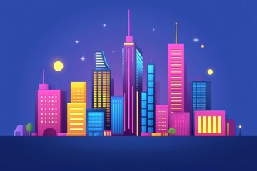 Fototapeta premium A vibrant, colorful city skyline at night featuring tall skyscrapers in various hues and modern design elements.