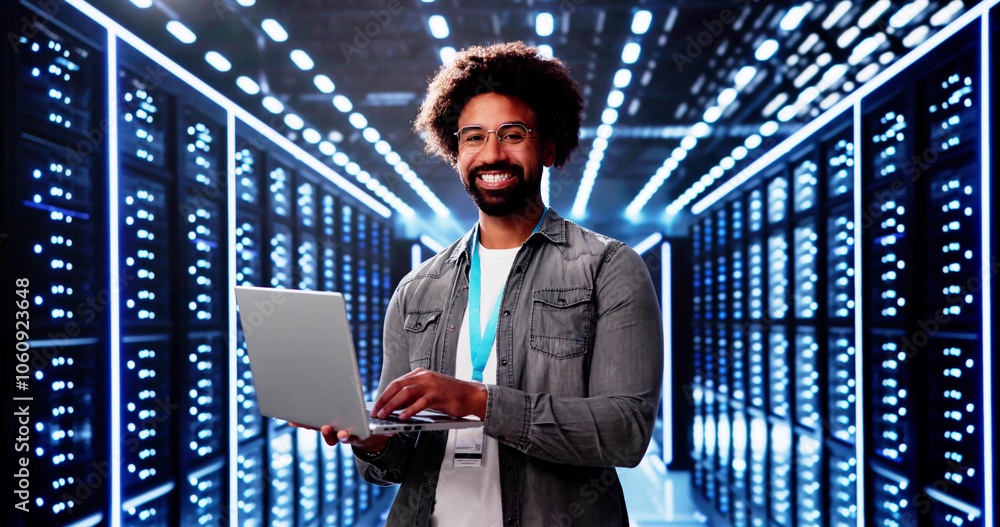 Poster happy engineer in data center server room configuring ai