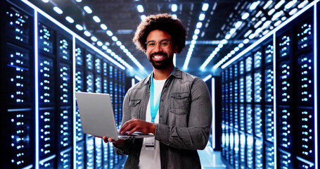 Happy Engineer In Data Center Server Room Configuring AI