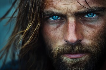 Obraz premium A captivating close-up of a rugged man with striking blue eyes and a wild beard. His expression conveys strength and mystery. Perfect for portrait and mood photography. Generative AI