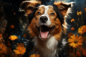 Fototapeta premium Happy dog smiling among blooming flowers in a dark forest setting