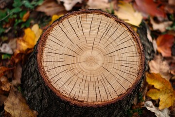 Close-up of a tree stump with visible growth rings and fall leaves in the background.