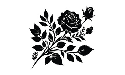 silhouette rose, Roses tattoo. Black roses vector design. Black silhouette of rose, Valentines day silhouette of rose element set. Romantic, rose silhouette vector and white background