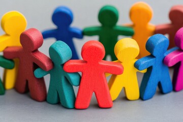 Colorful wooden people figures standing together, symbolizing unity and diversity in a vibrant community.