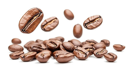 Naklejka premium Dynamic Scene of Falling Coffee Beans on Clear Background Generative AI