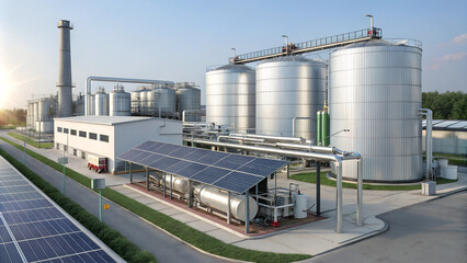 Obraz premium Advanced biofuel refinery with solar panels and storage tanks, showcasing sustainable energy
