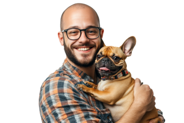 Heartwarming portrait of man holding his adorable dog close, both smiling brightly isolated on transparent png background.