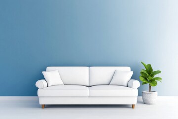 A modern white couch with pillows against a soft blue wall, accompanied by a green potted plant for a fresh touch.