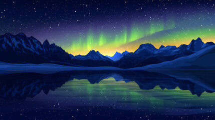 Fototapeta premium Stunning aurora borealis arching over a calm lake, with snow-covered mountains silhouetted against the night sky. Aurora Borealis Reflection. Illustration