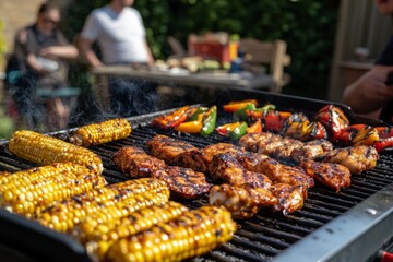 Naklejka premium Delicious barbecue with grilled corn and vibrant vegetables on a hot summer day. Friends gather around the grill creating joyful moments. Generative AI