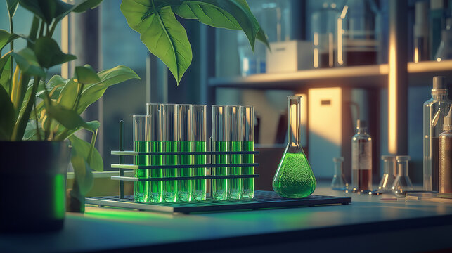 Vibrant Green Reagent in Test Tubes on Laboratory Table with Natural Light, Highlighting Clean Scientific Environment and Precision Equipment