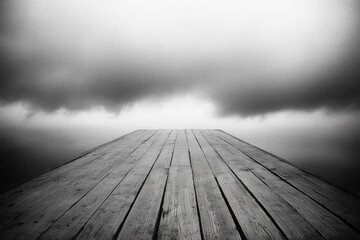 A wooden dock extends into a misty, cloudy sky, creating a sense of mystery and intrigue.