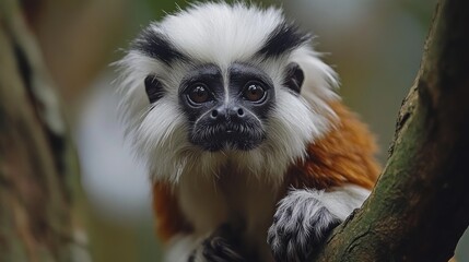 A cotton-top tamarin monkey looks directly at the camera while sitting on a tree branch.